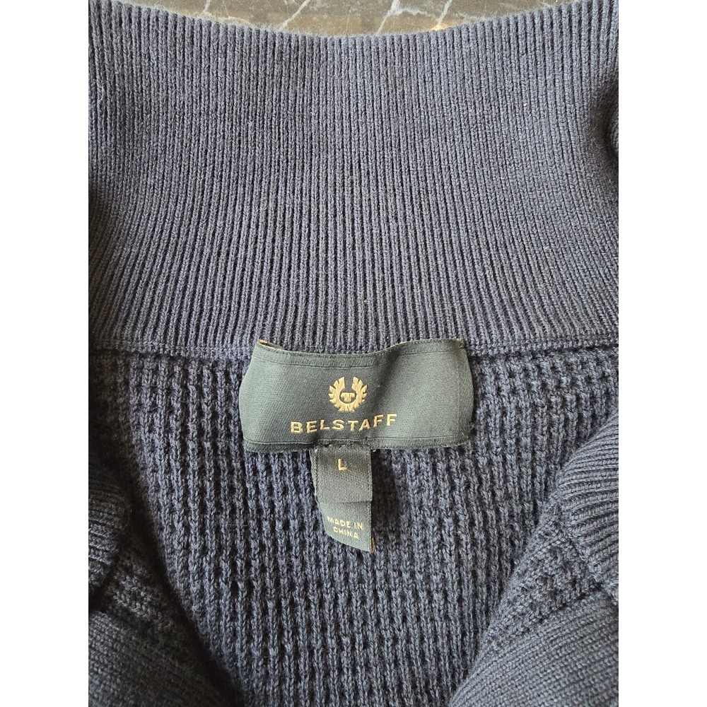 Belstaff Mens Quarter 1/4 Zip Pullover Knit Sweater Arm Logo Large Navy‎ Blue - Picture 2 of 6